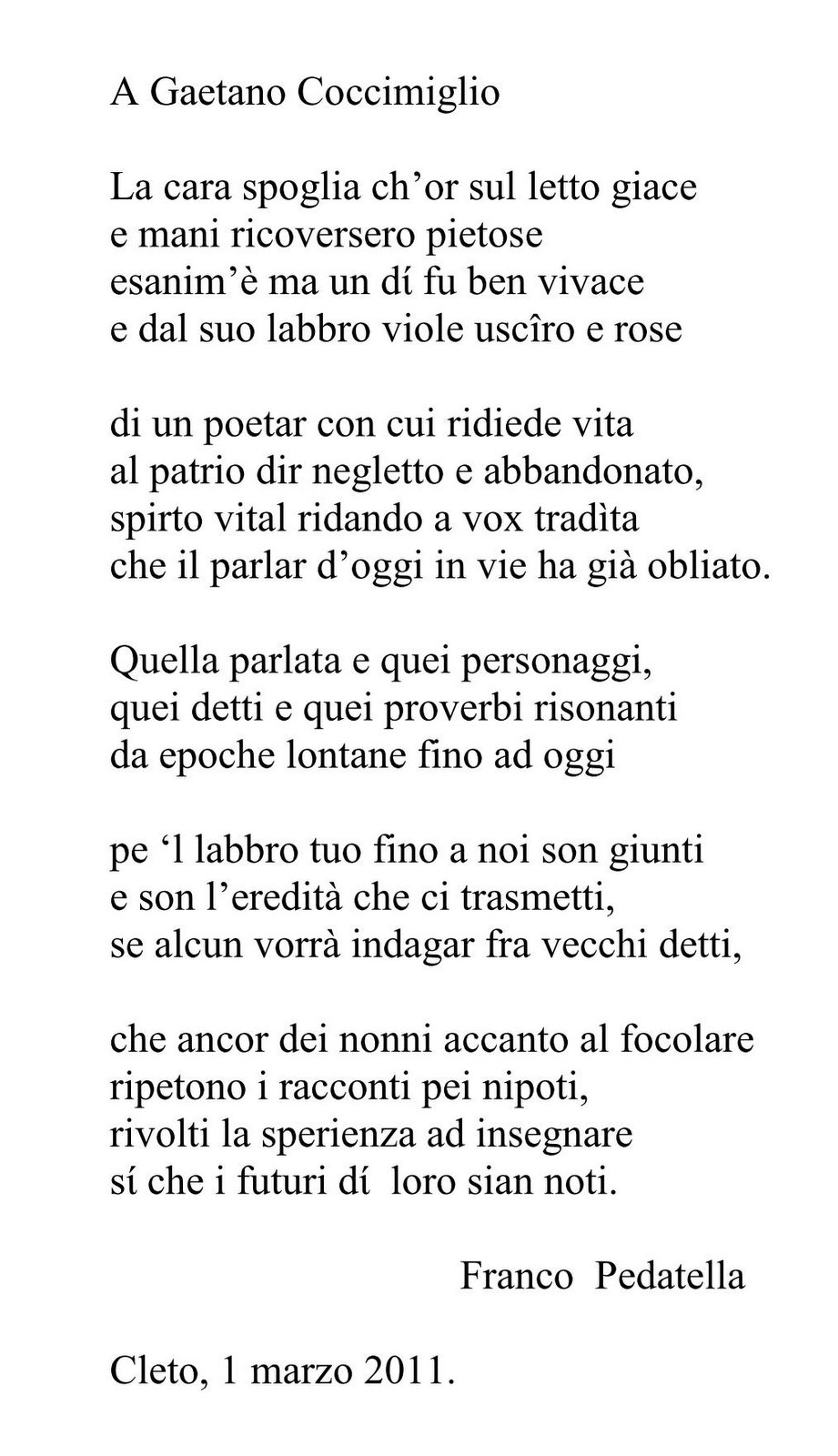 Poesia a Gaetano Coccimiglio 